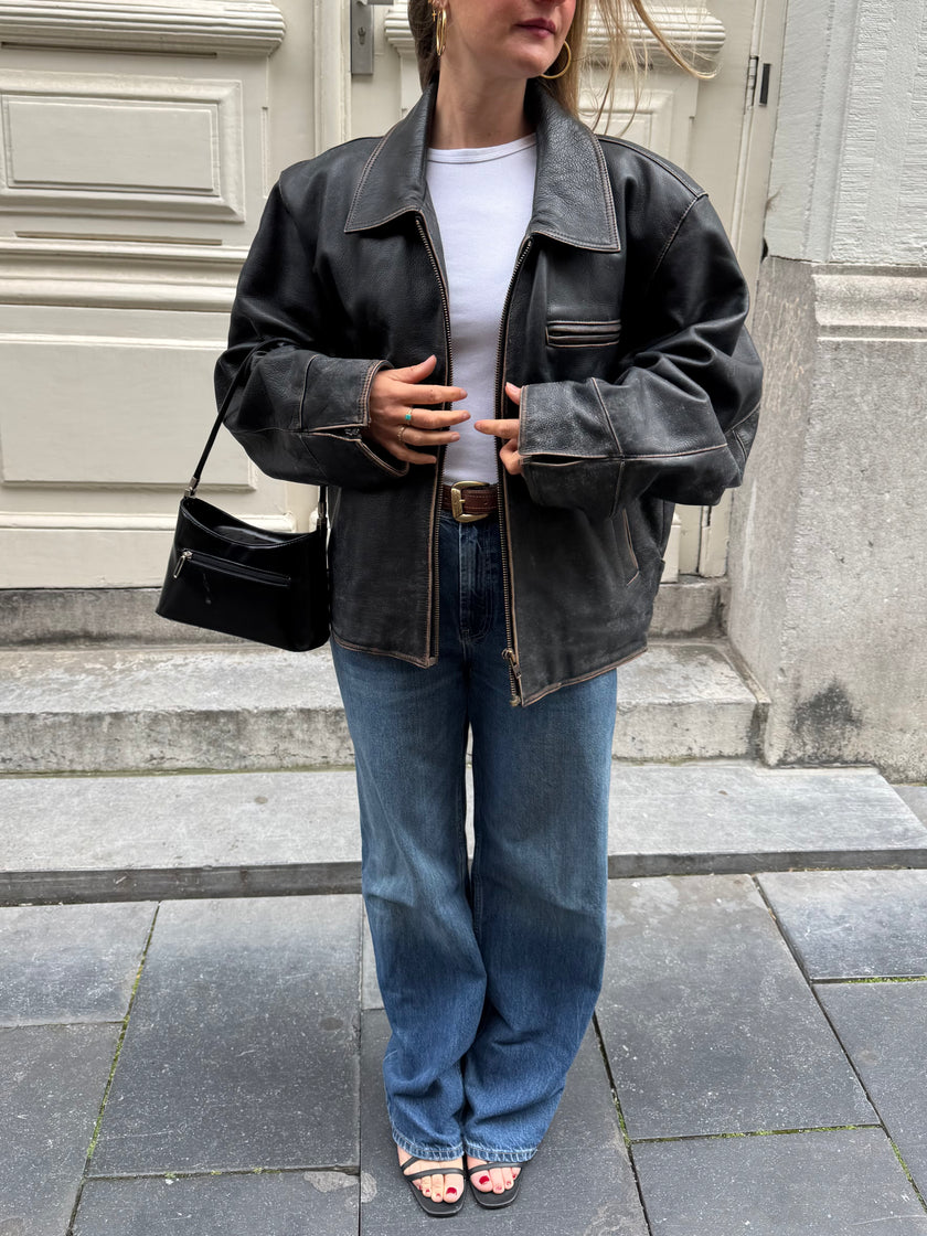 Worn / Distressed Black Oversized Leather Jacket