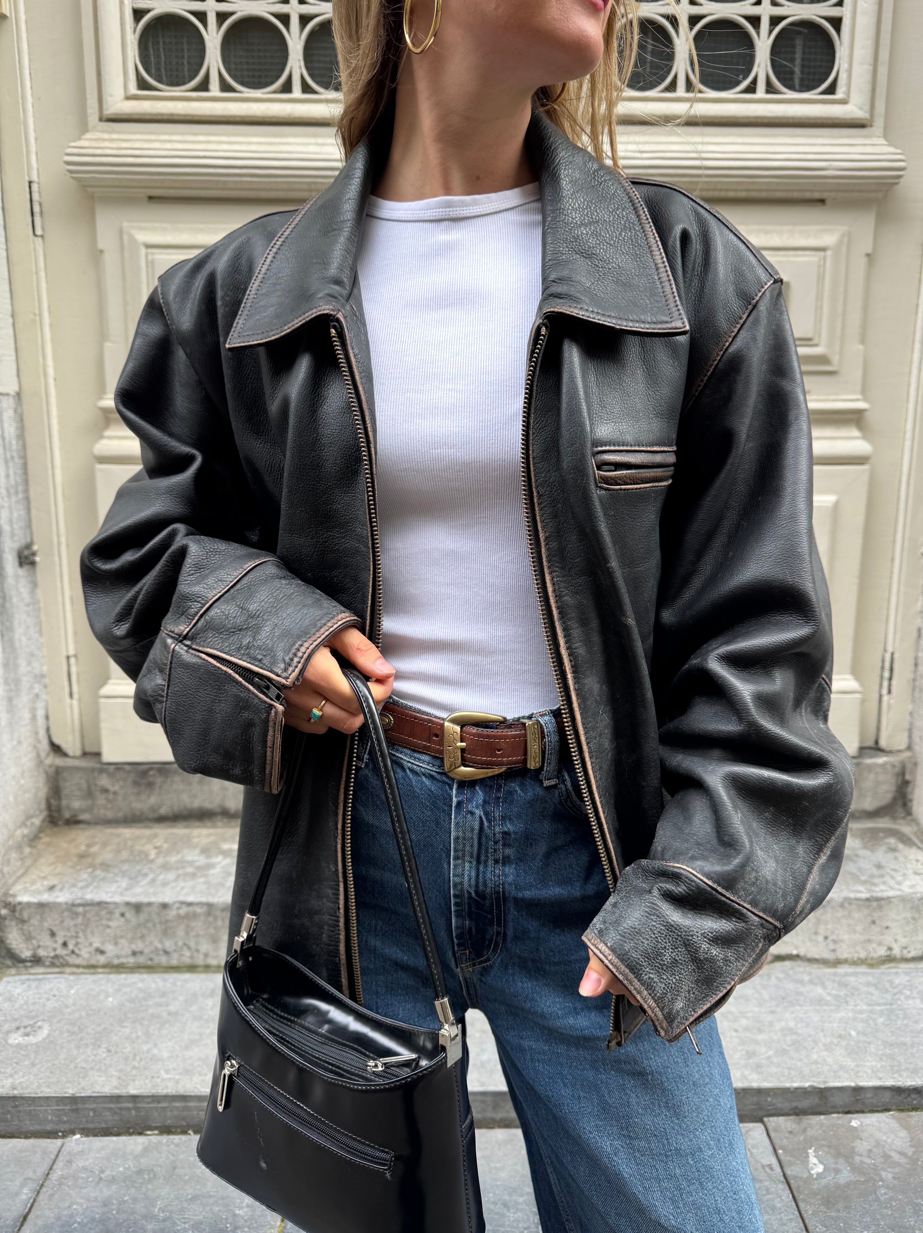 Worn / Distressed Black Oversized Leather Jacket