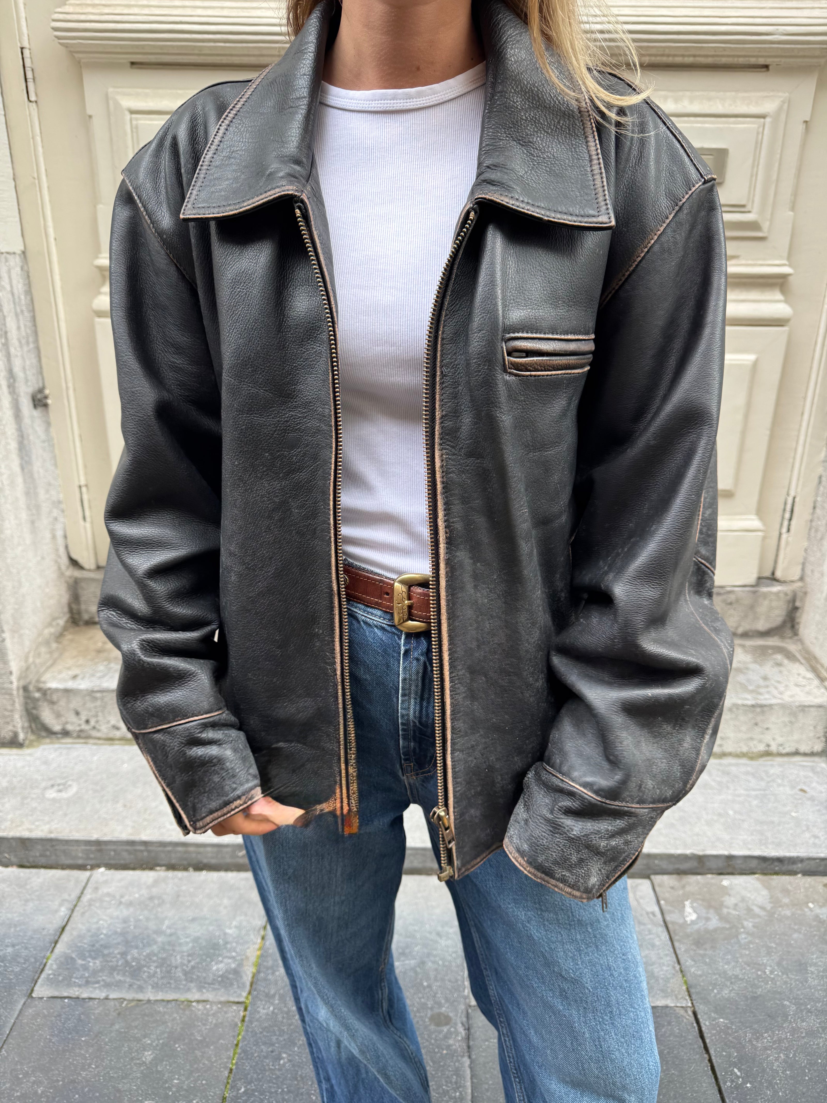 Worn / Distressed Black Oversized Leather Jacket