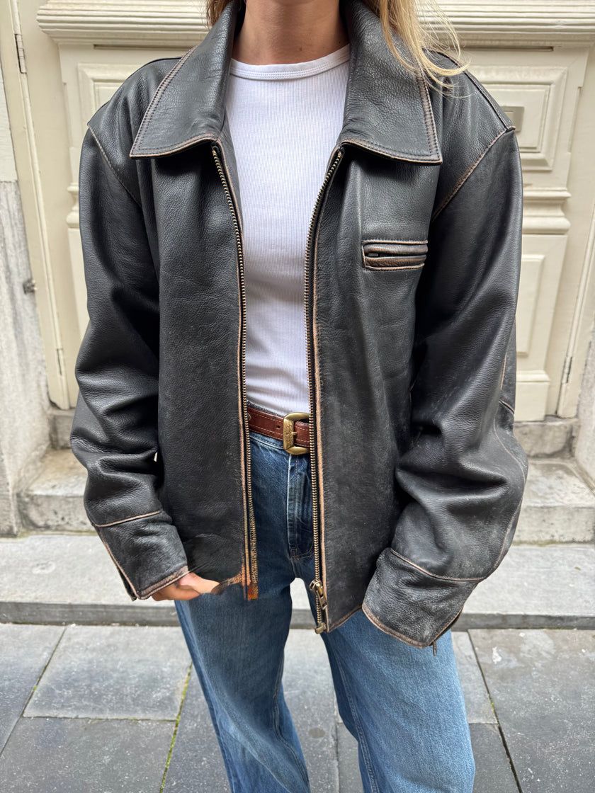 Worn / Distressed Black Oversized Leather Jacket