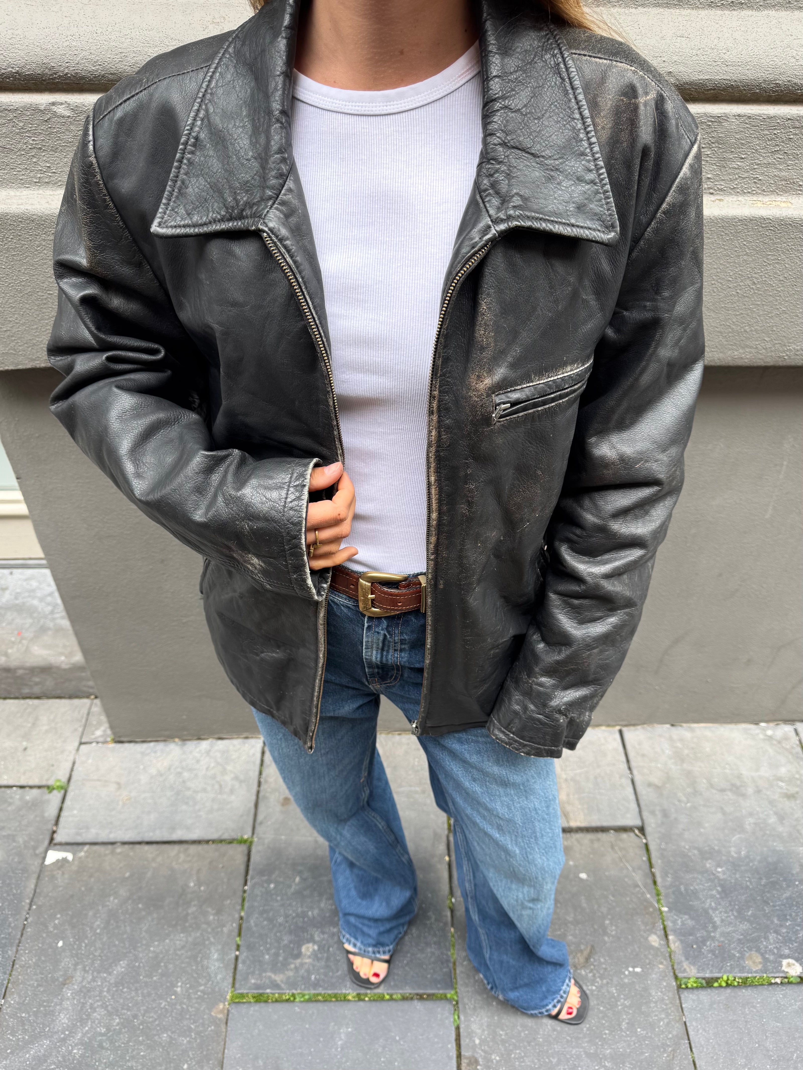 Heavliy Distressed Black Leather Jacket