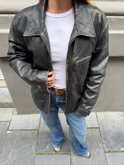 Heavliy Distressed Black Leather Jacket