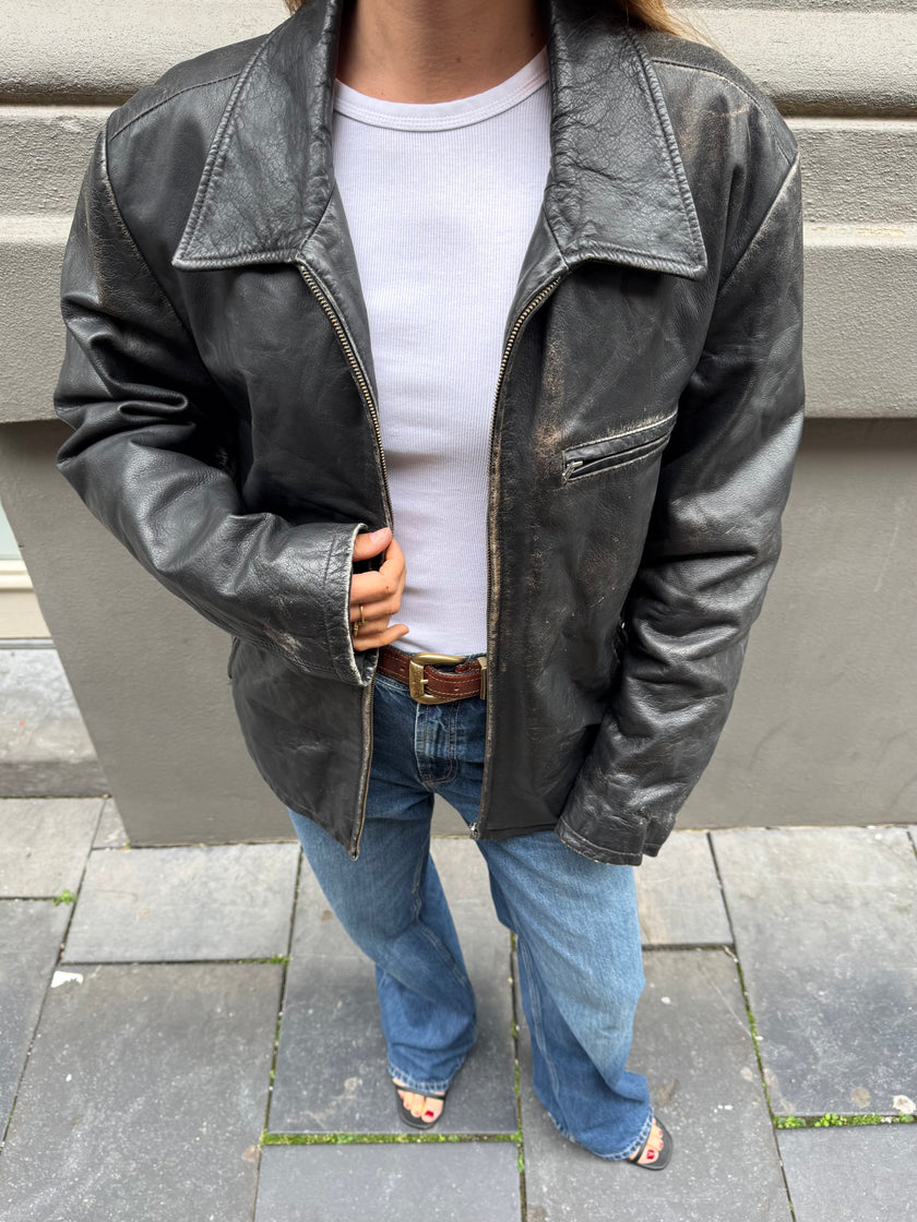 Heavliy Distressed Black Leather Jacket