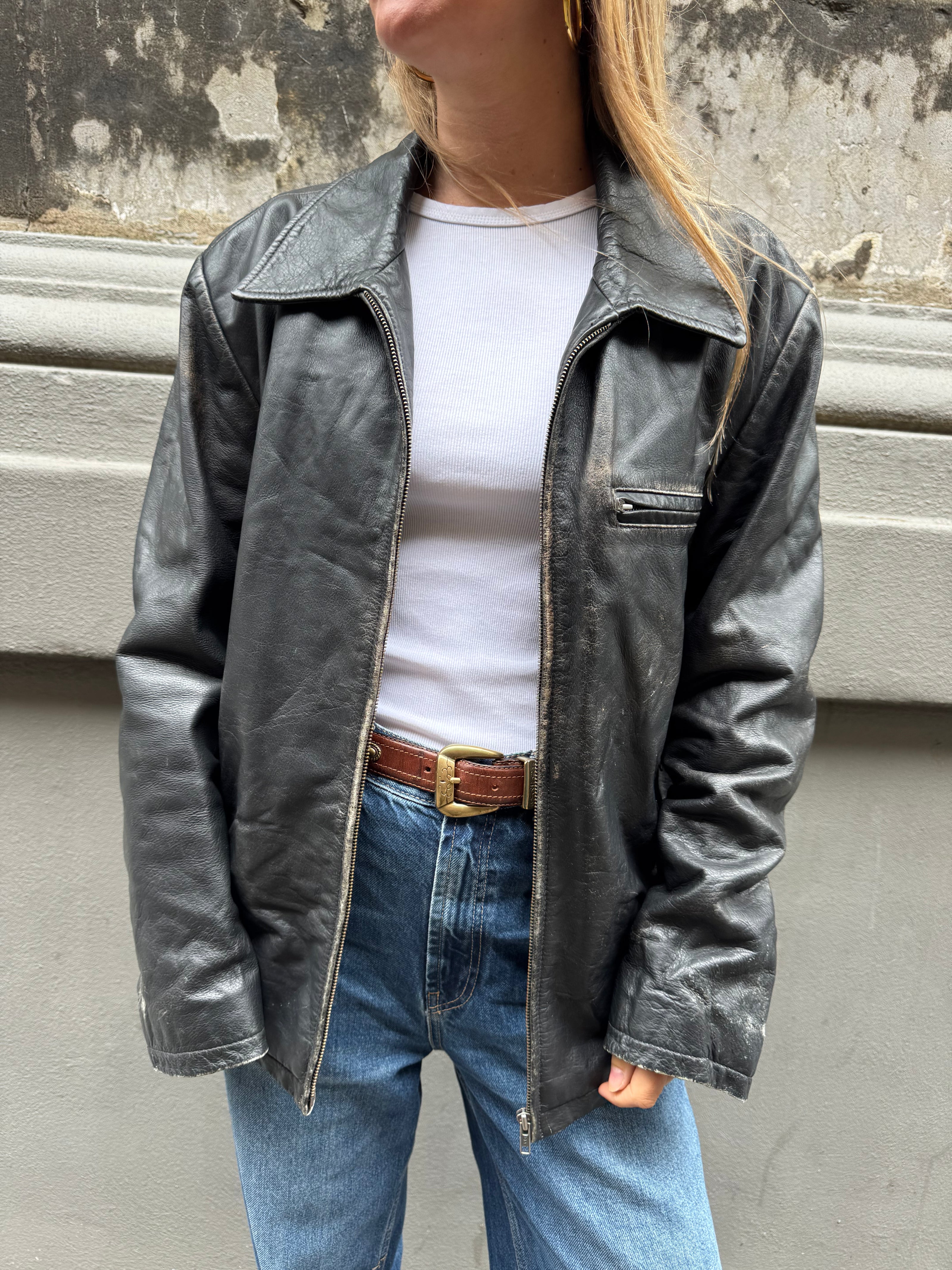 Heavliy Distressed Black Leather Jacket