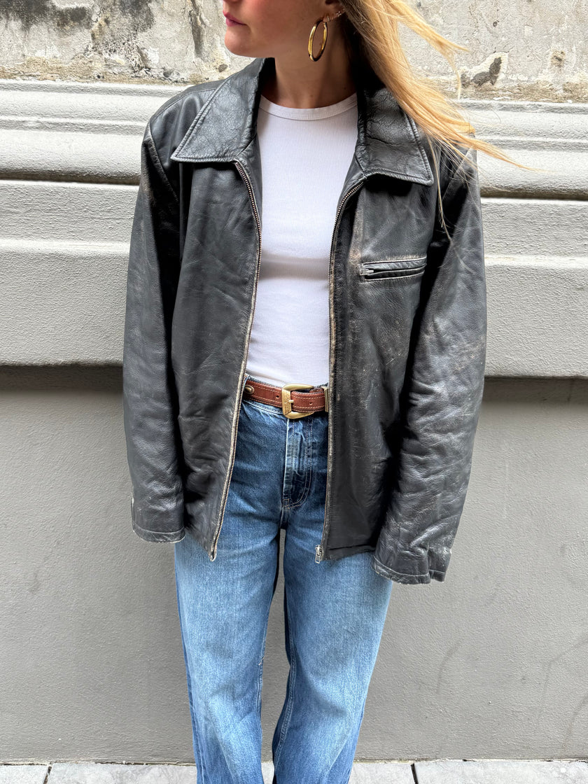 Heavliy Distressed Black Leather Jacket