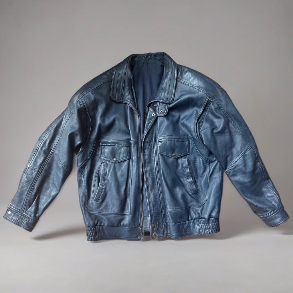90s Dark Navy Leather Bomber Jacket