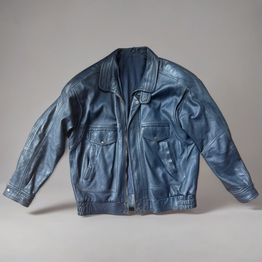 90s Dark Navy Leather Bomber Jacket
