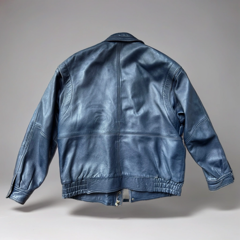 90s Dark Navy Leather Bomber Jacket