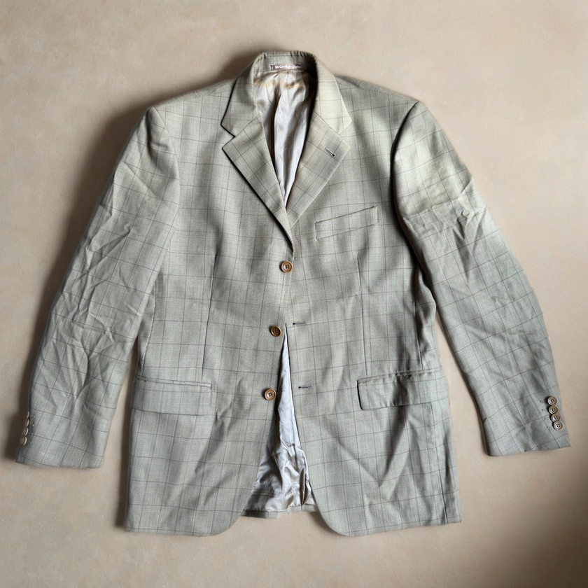 Oversized Light Beige Checked Vintage Blazer