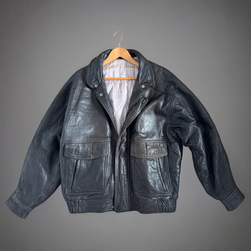 Dark Brown Leather Bomber Jacket