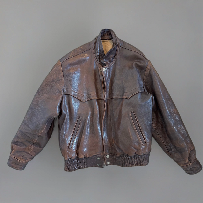 90s Dark Brown Vintage Leather Bomber Jacket